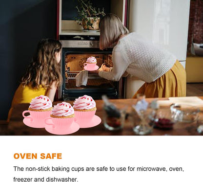 Silicone Cupcake Liners, 16 Pcs Silicone Muffin Cups for Baking, Reusable Muffin Liners, Teacup Cupcake Baking Cups, 8 Cups & 8 Saucers, Pink