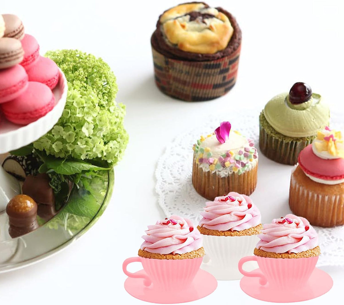 Silicone Cupcake Liners, 16 Pcs Silicone Muffin Cups for Baking, Reusable Muffin Liners, Teacup Cupcake Baking Cups, 8 Cups & 8 Saucers, Pink