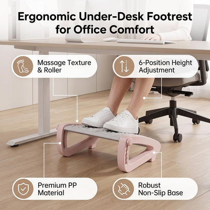 Ergonomic Foot Rest Under Desk, 6 Height Adjustable Footstool with Massage Roller – Office Chair Footrest for Home, Pink