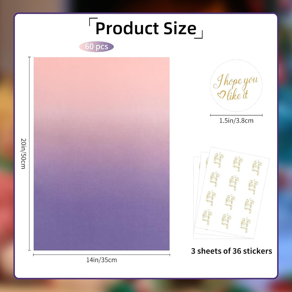 60 Sheets Pink and Purple Gradient Tissue Paper Bulk with Stickers, Gift Wrapping Tissue Paper for Gift Bags, Crafts, Flowers, Party and Holiday Packaging, 20 x 14 Inches