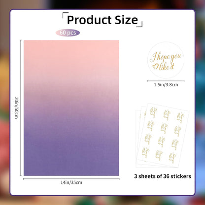 60 Sheets Pink and Purple Gradient Tissue Paper Bulk with Stickers, Gift Wrapping Tissue Paper for Gift Bags, Crafts, Flowers, Party and Holiday Packaging, 20 x 14 Inches