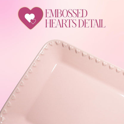 Paris Hilton Rectangle Ceramic Stoneware Serving Platter Tray, Embossed Hearts, Microwave Safe, 15x8-Inch, Pink