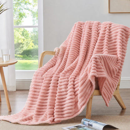 Fleece Throw Blanket, Soft Striped Blanket for Sofa Bed,Pink Full