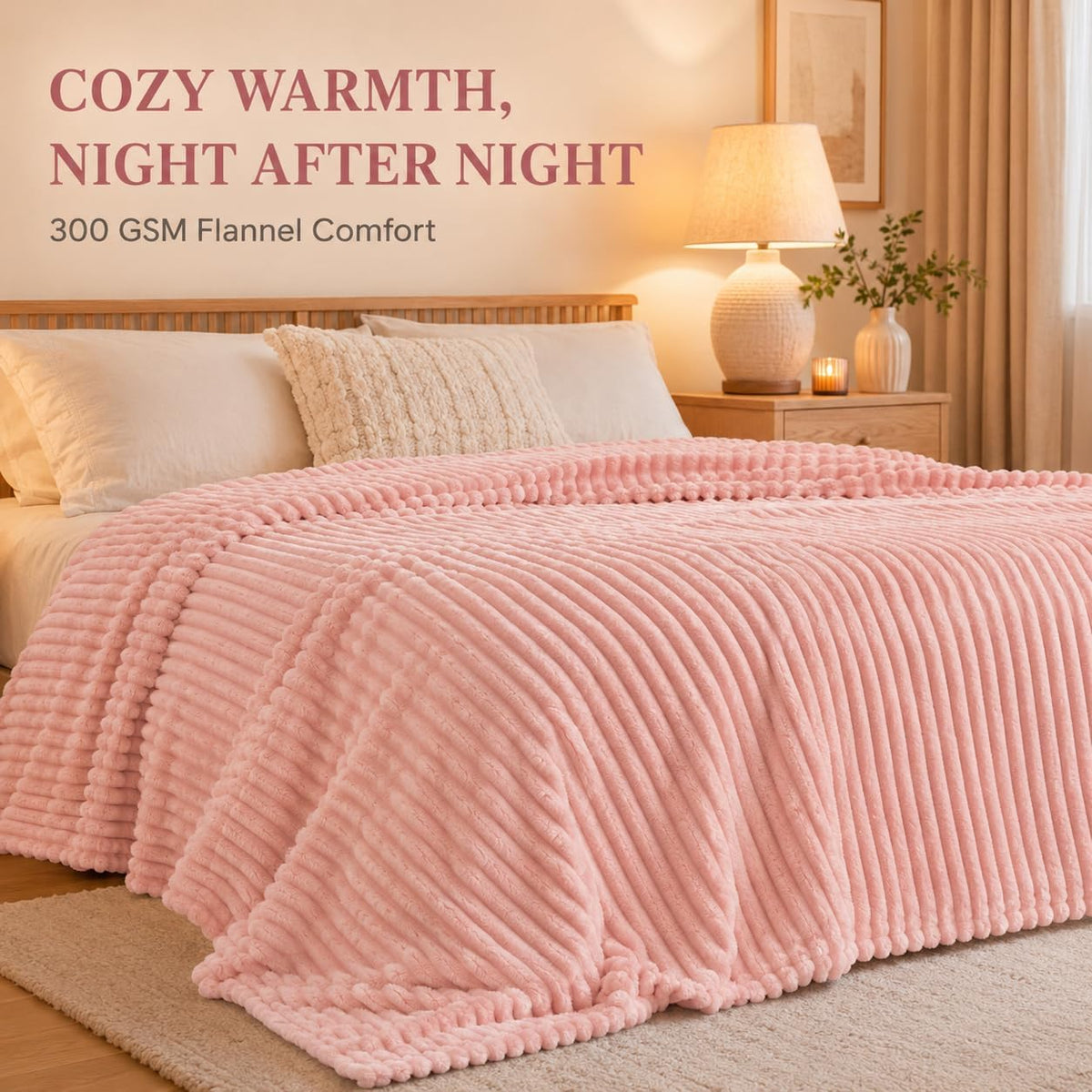 Fleece Throw Blanket, Soft Striped Blanket for Sofa Bed,Pink Full