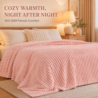 Fleece Throw Blanket, Soft Striped Blanket for Sofa Bed,Pink Full