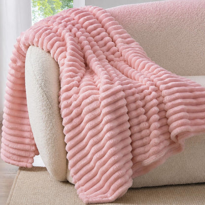 Fleece Throw Blanket, Soft Striped Blanket for Sofa Bed,Pink Full