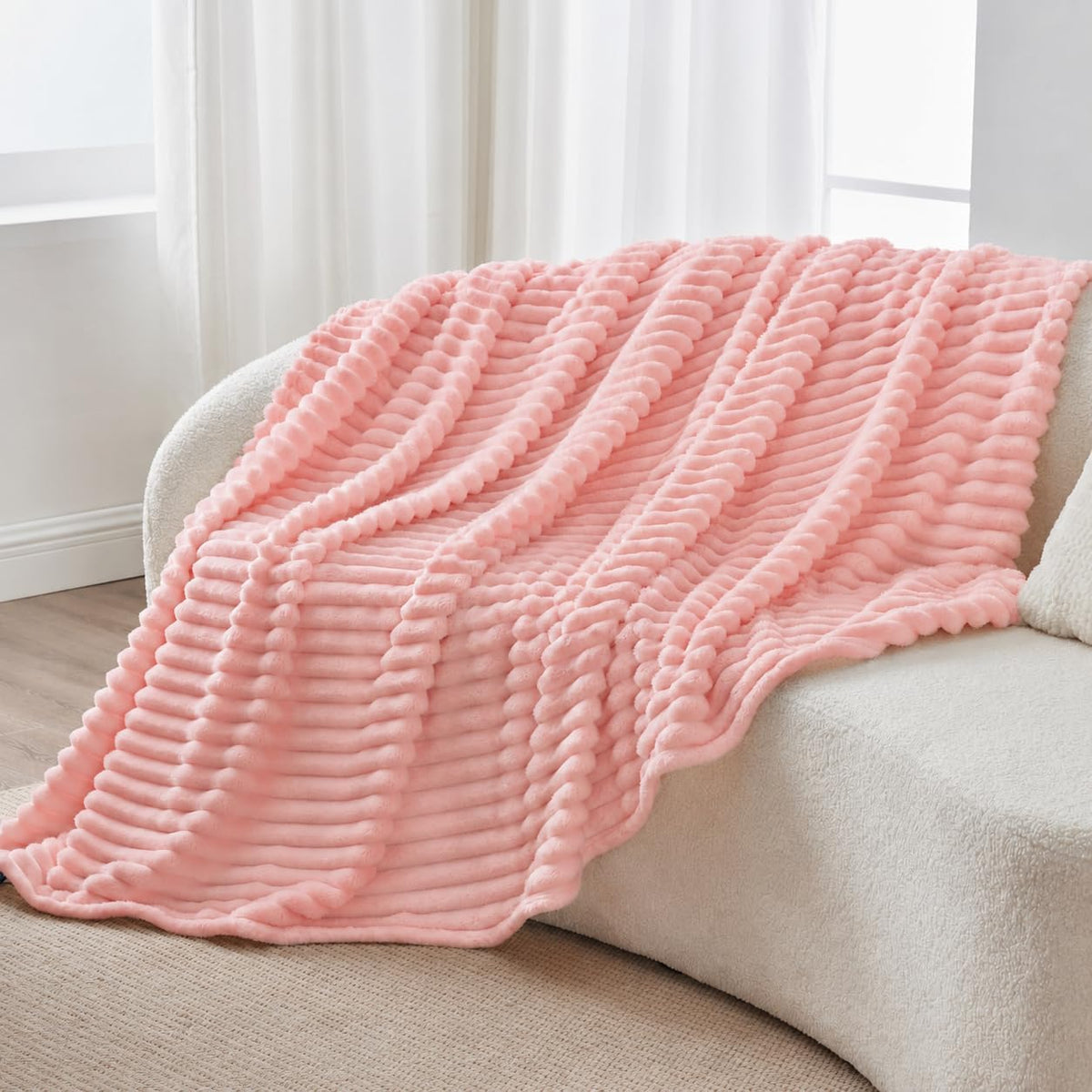 Fleece Throw Blanket, Soft Striped Blanket for Sofa Bed,Pink Full
