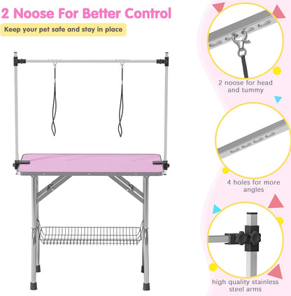 Dog Grooming Table, Adjustable Large Pet Drying Desktop, Foldable Bathing Desk with Arms, Noose, Mesh Tray, Maximum Capacity Up to 330Lb