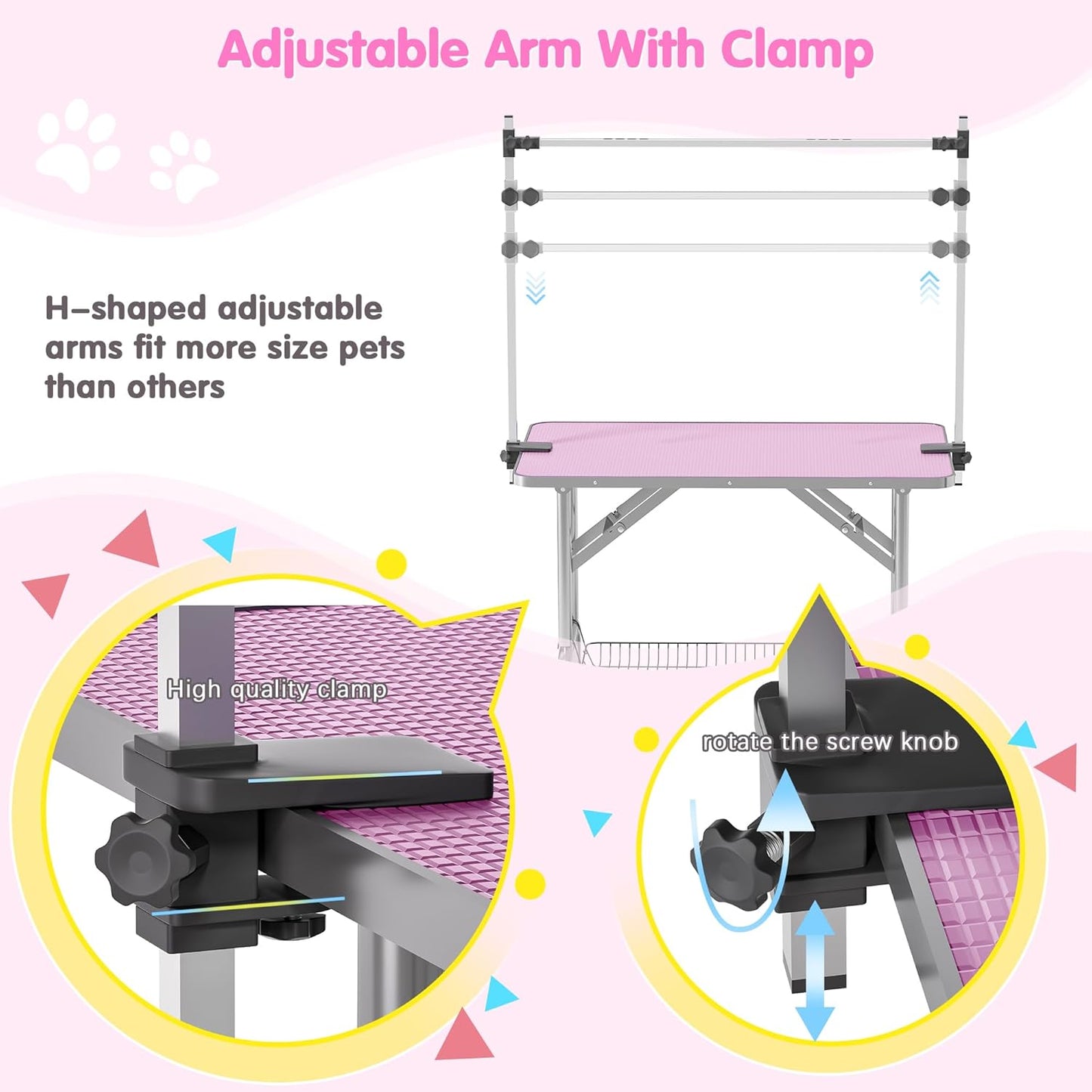 Dog Grooming Table, Adjustable Large Pet Drying Desktop, Foldable Bathing Desk with Arms, Noose, Mesh Tray, Maximum Capacity Up to 330Lb