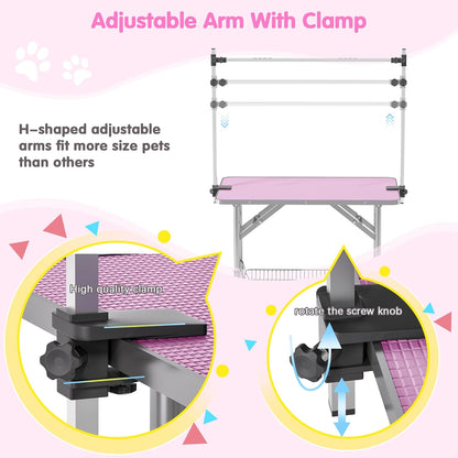Dog Grooming Table, Adjustable Large Pet Drying Desktop, Foldable Bathing Desk with Arms, Noose, Mesh Tray, Maximum Capacity Up to 330Lb