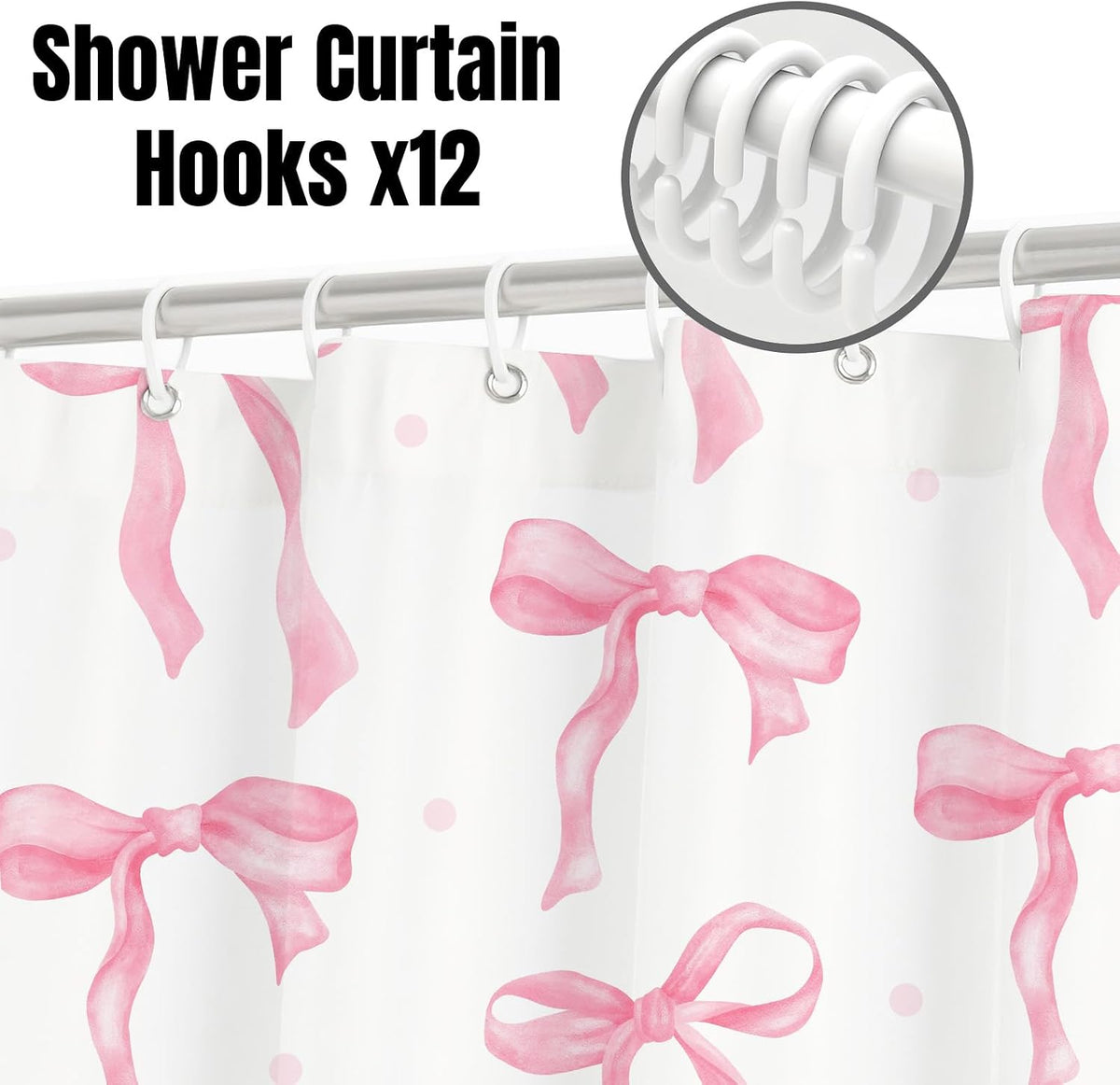 Cute Shower Curtain, Bow Pattern Waterproof Fabric Shower Curtain for Bathroom Decor, Aesthetic Modern Shower Curtains Sets with Hooks for Women Girls 72x72 Inches (Pink)