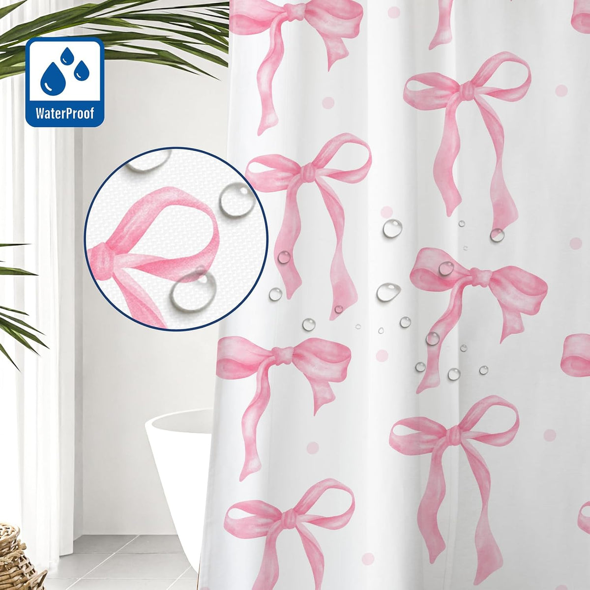 Cute Shower Curtain, Bow Pattern Waterproof Fabric Shower Curtain for Bathroom Decor, Aesthetic Modern Shower Curtains Sets with Hooks for Women Girls 72x72 Inches (Pink)