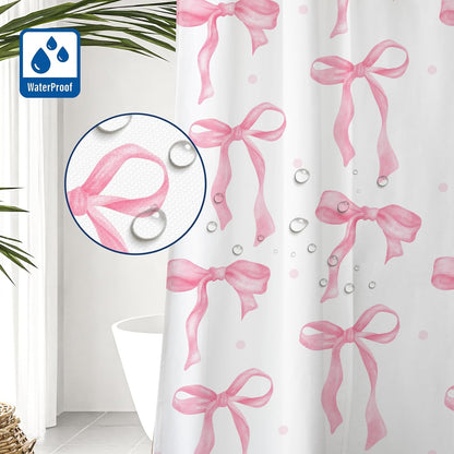 Cute Shower Curtain, Bow Pattern Waterproof Fabric Shower Curtain for Bathroom Decor, Aesthetic Modern Shower Curtains Sets with Hooks for Women Girls 72x72 Inches (Pink)