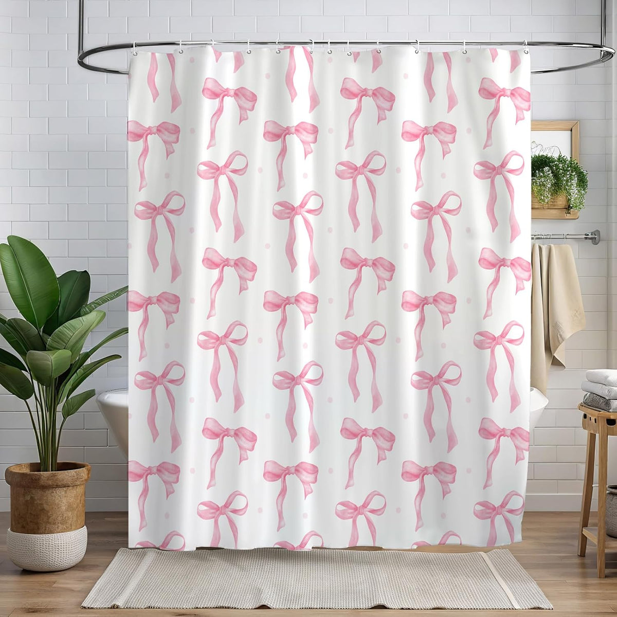 Cute Shower Curtain, Bow Pattern Waterproof Fabric Shower Curtain for Bathroom Decor, Aesthetic Modern Shower Curtains Sets with Hooks for Women Girls 72x72 Inches (Pink)