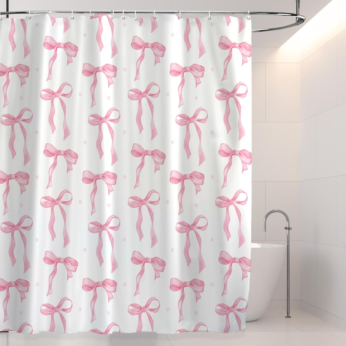 Cute Shower Curtain, Bow Pattern Waterproof Fabric Shower Curtain for Bathroom Decor, Aesthetic Modern Shower Curtains Sets with Hooks for Women Girls 72x72 Inches (Pink)