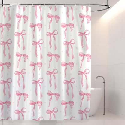 Cute Shower Curtain, Bow Pattern Waterproof Fabric Shower Curtain for Bathroom Decor, Aesthetic Modern Shower Curtains Sets with Hooks for Women Girls 72x72 Inches (Pink)