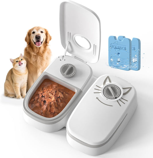 2-Meal Timed Cat Feeder, 48H Wet Food Dispenser with Ice Packs, 700ml Capacity, Battery Powered for Cats & Small Dogs