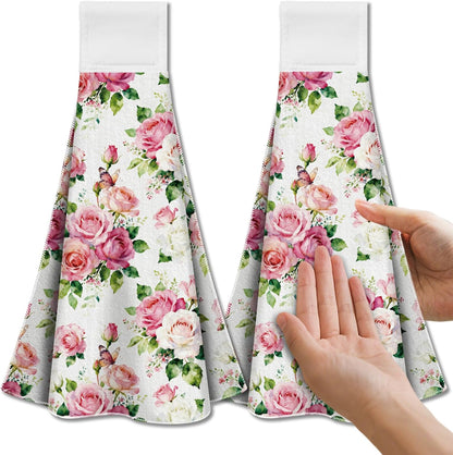 2 Pcs Pink and White Roses Hanging Kitchen Towels with Loop