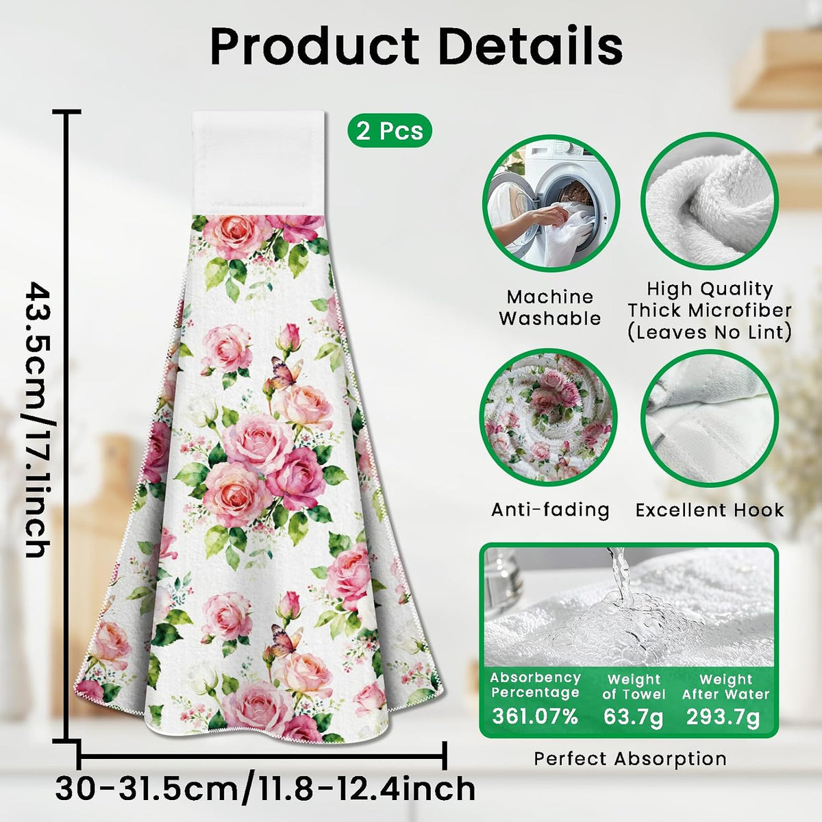 2 Pcs Pink and White Roses Hanging Kitchen Towels with Loop