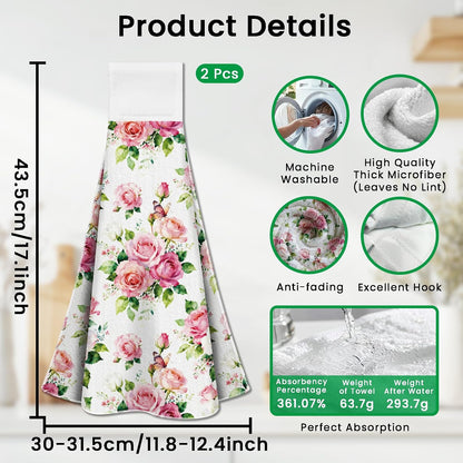2 Pcs Pink and White Roses Hanging Kitchen Towels with Loop