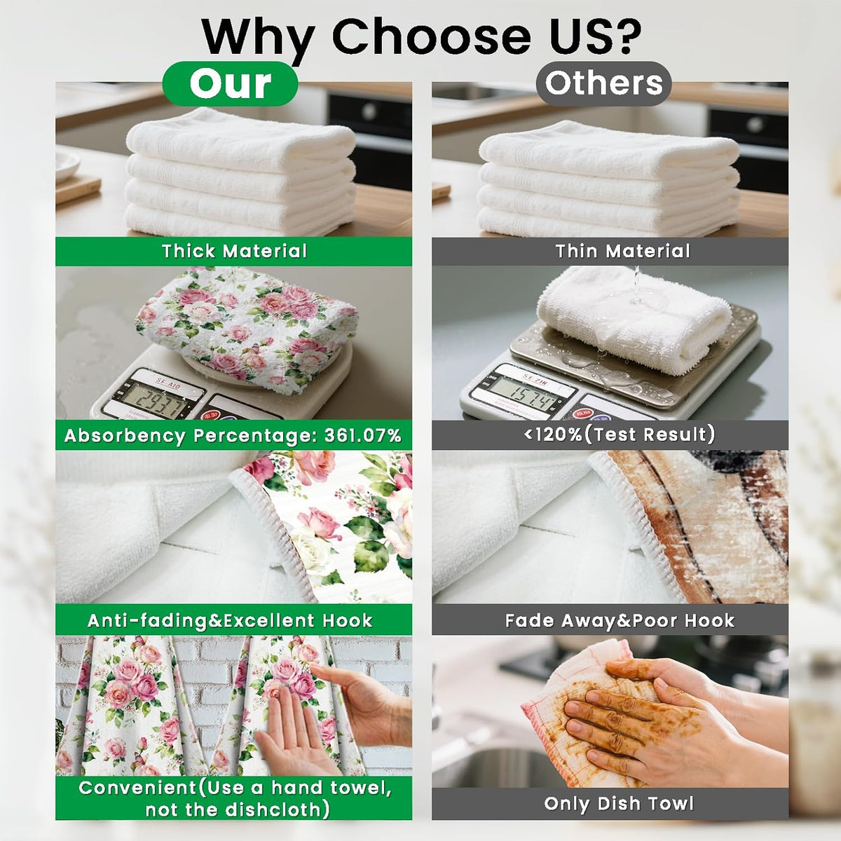 2 Pcs Pink and White Roses Hanging Kitchen Towels with Loop