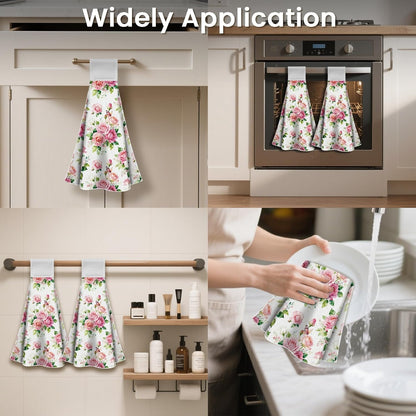 2 Pcs Pink and White Roses Hanging Kitchen Towels with Loop