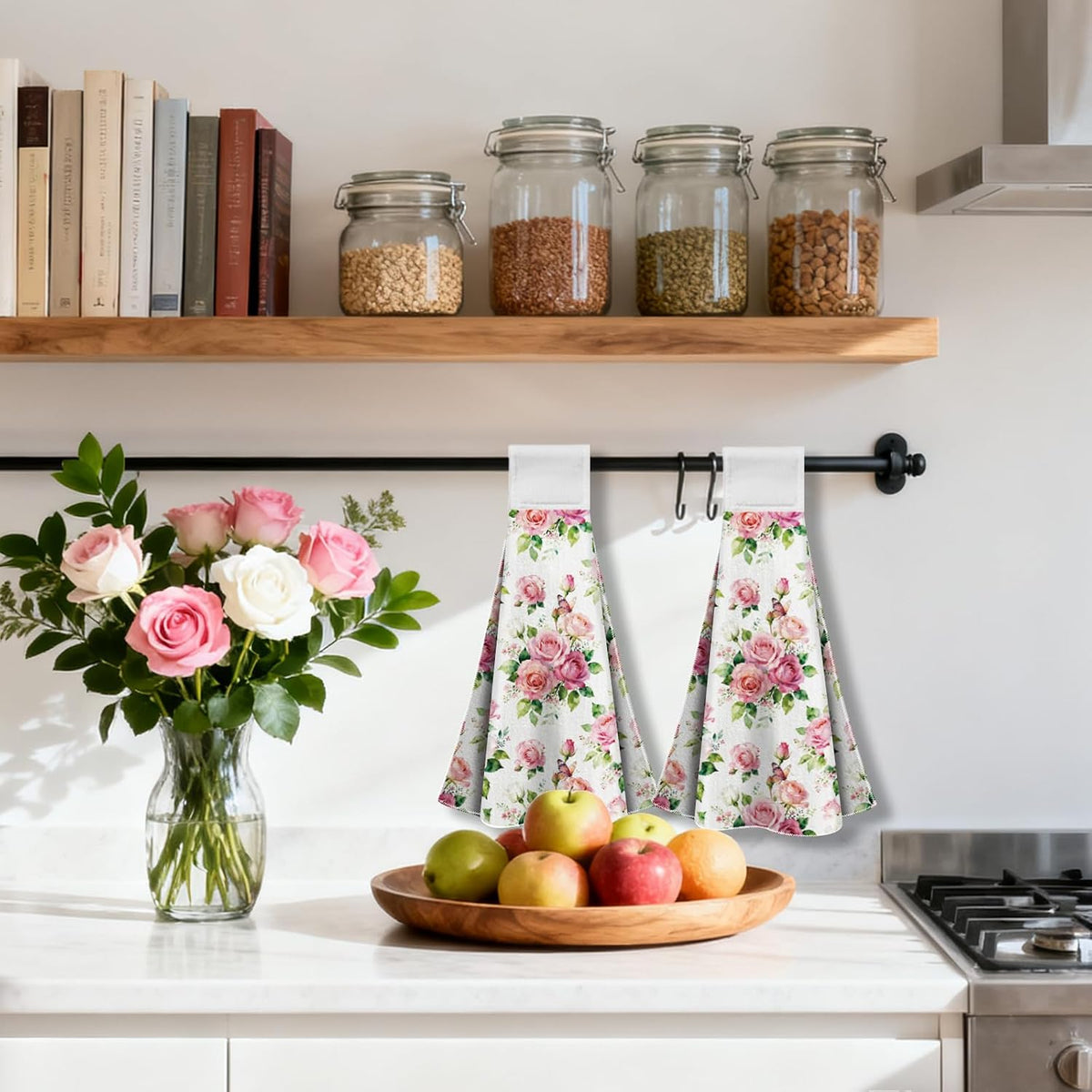 2 Pcs Pink and White Roses Hanging Kitchen Towels with Loop
