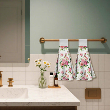 2 Pcs Pink and White Roses Hanging Kitchen Towels with Loop