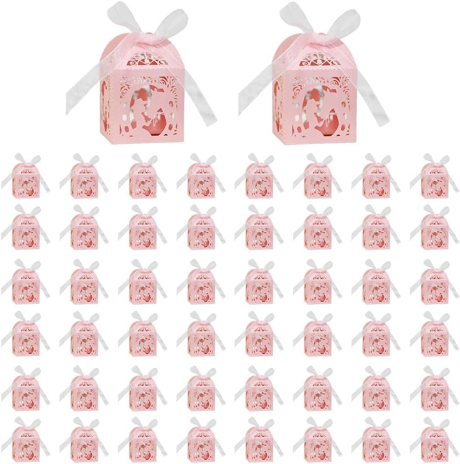 Katutude 50 Pcs Empty Candy Boxes Small Favor Boxes with Ribbons Hollow Flowers Birthday Party Favor Gift Box Paper Baptism Party Favor Box Chocolate Candy Gift Boxes