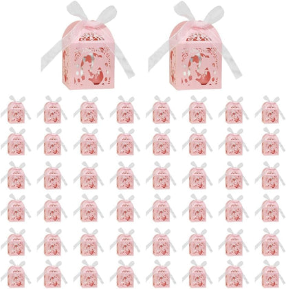 Katutude 50 Pcs Empty Candy Boxes Small Favor Boxes with Ribbons Hollow Flowers Birthday Party Favor Gift Box Paper Baptism Party Favor Box Chocolate Candy Gift Boxes