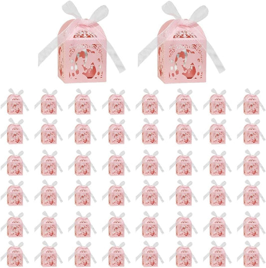 Katutude 50 Pcs Empty Candy Boxes Small Favor Boxes with Ribbons Hollow Flowers Birthday Party Favor Gift Box Paper Baptism Party Favor Box Chocolate Candy Gift Boxes