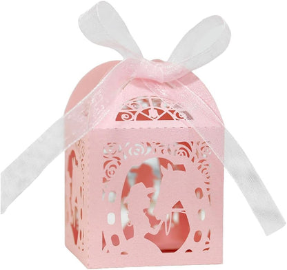 Katutude 50 Pcs Empty Candy Boxes Small Favor Boxes with Ribbons Hollow Flowers Birthday Party Favor Gift Box Paper Baptism Party Favor Box Chocolate Candy Gift Boxes