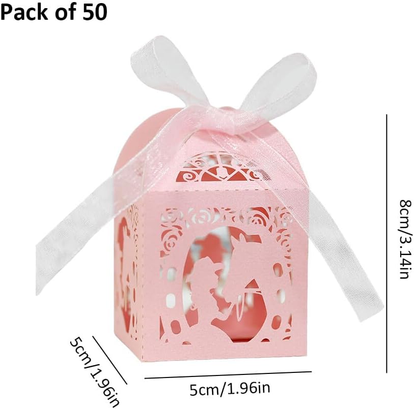 Katutude 50 Pcs Empty Candy Boxes Small Favor Boxes with Ribbons Hollow Flowers Birthday Party Favor Gift Box Paper Baptism Party Favor Box Chocolate Candy Gift Boxes