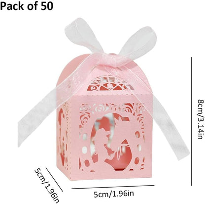 Katutude 50 Pcs Empty Candy Boxes Small Favor Boxes with Ribbons Hollow Flowers Birthday Party Favor Gift Box Paper Baptism Party Favor Box Chocolate Candy Gift Boxes