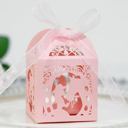 Katutude 50 Pcs Empty Candy Boxes Small Favor Boxes with Ribbons Hollow Flowers Birthday Party Favor Gift Box Paper Baptism Party Favor Box Chocolate Candy Gift Boxes