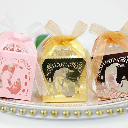 Katutude 50 Pcs Empty Candy Boxes Small Favor Boxes with Ribbons Hollow Flowers Birthday Party Favor Gift Box Paper Baptism Party Favor Box Chocolate Candy Gift Boxes