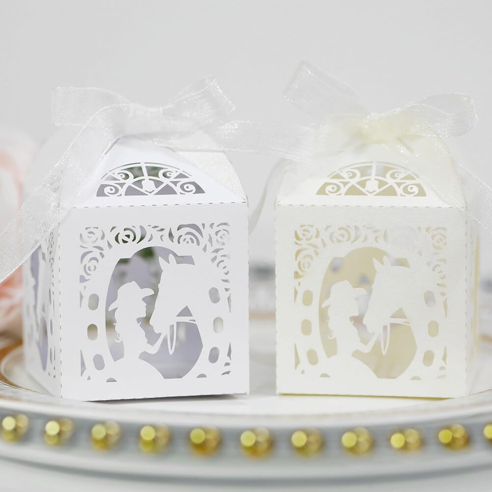 Katutude 50 Pcs Empty Candy Boxes Small Favor Boxes with Ribbons Hollow Flowers Birthday Party Favor Gift Box Paper Baptism Party Favor Box Chocolate Candy Gift Boxes