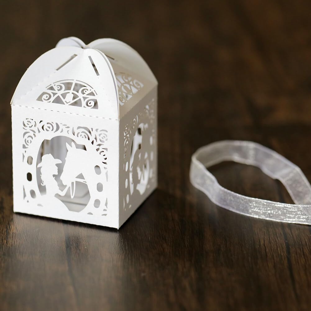 Katutude 50 Pcs Empty Candy Boxes Small Favor Boxes with Ribbons Hollow Flowers Birthday Party Favor Gift Box Paper Baptism Party Favor Box Chocolate Candy Gift Boxes