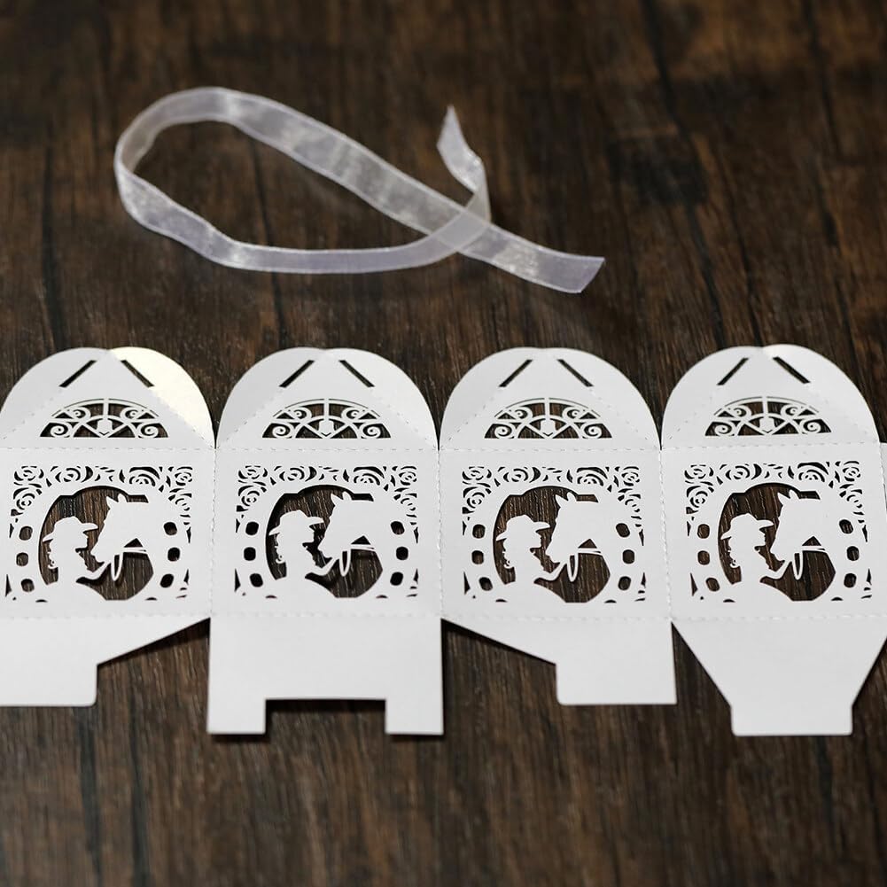 Katutude 50 Pcs Empty Candy Boxes Small Favor Boxes with Ribbons Hollow Flowers Birthday Party Favor Gift Box Paper Baptism Party Favor Box Chocolate Candy Gift Boxes