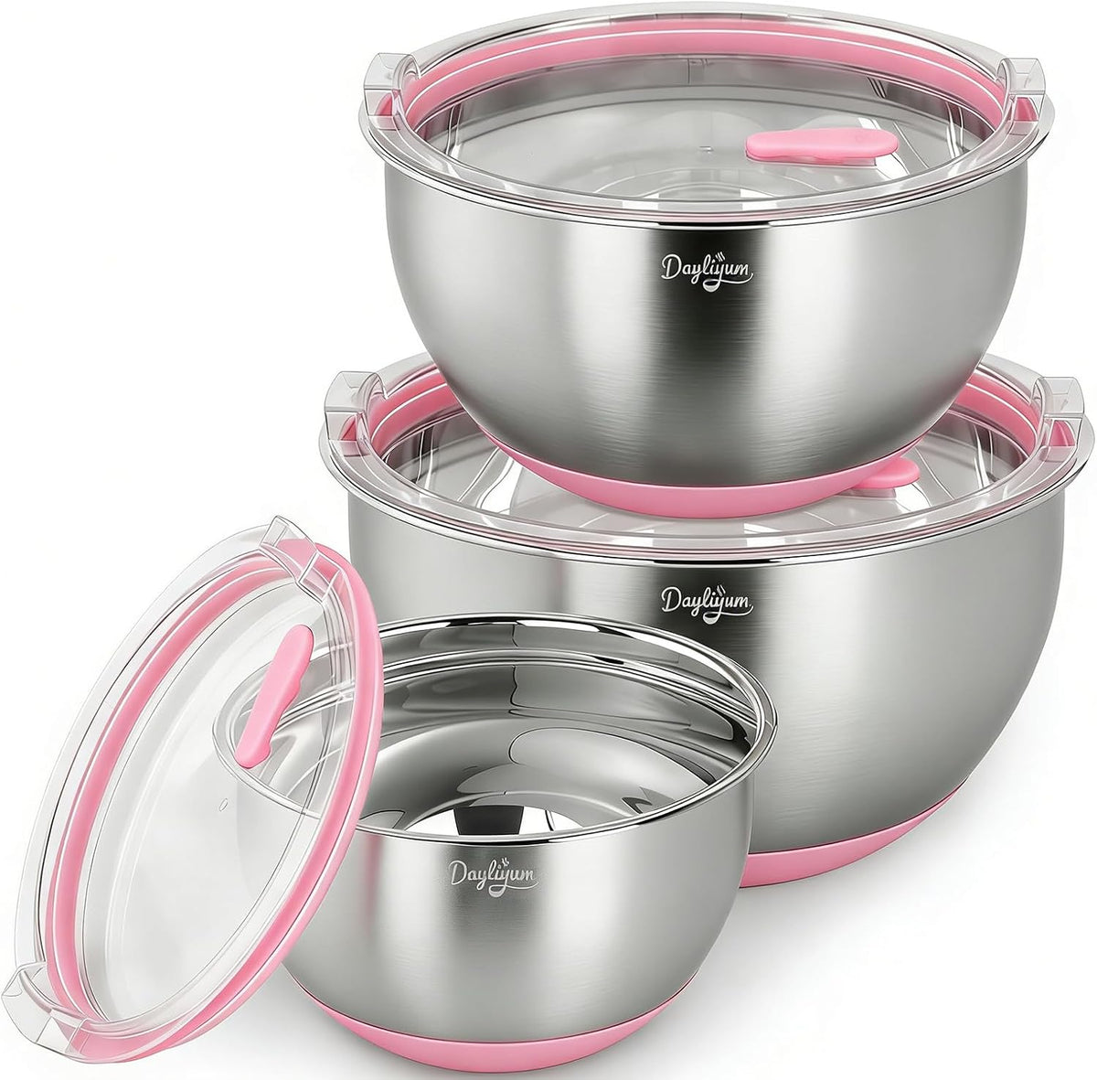 Mixing Bowls with Clear Airtight Lids, 3-Piece Stainless Steel Set, Pink