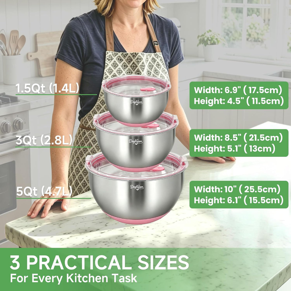 Mixing Bowls with Clear Airtight Lids, 3-Piece Stainless Steel Set, Pink