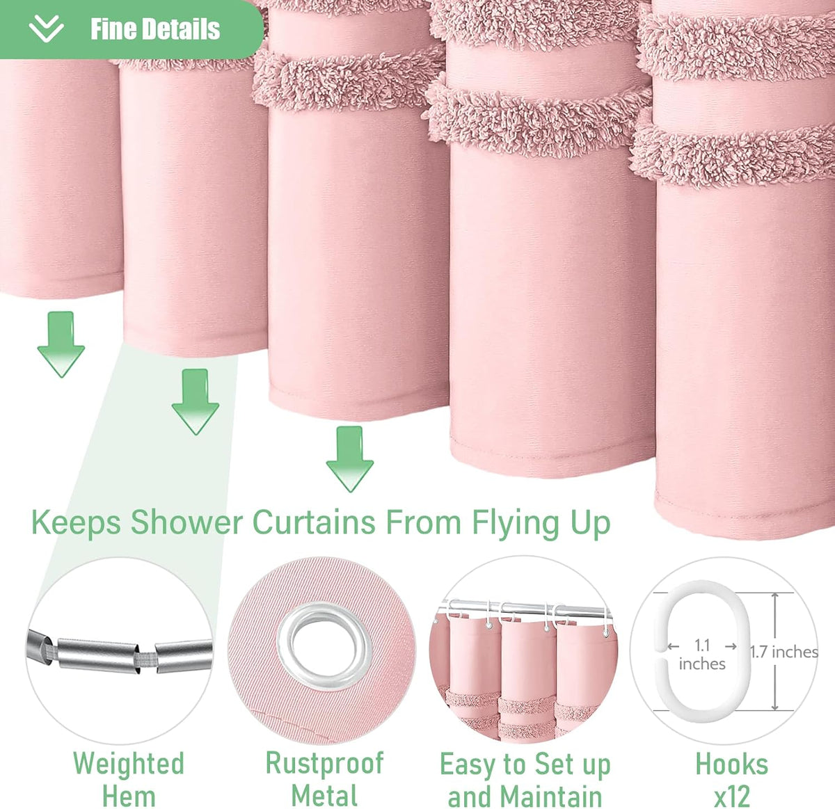 Farmhouse Shower Curtain Chenille Striped Fabric 72"x72" Pink