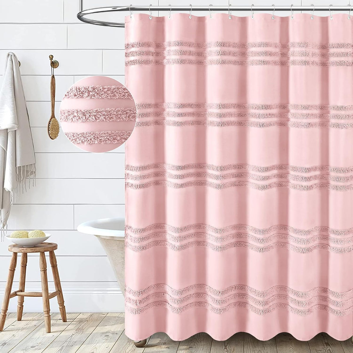 Farmhouse Shower Curtain Chenille Striped Fabric 72"x72" Pink