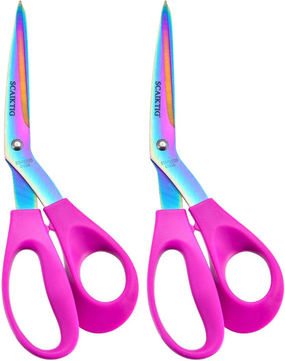 8.5“ Bent Fabric Scissors All Purpose Sharp Heavy Duty, Bent Shears for Sewing Crafting Cutting Clothes, Felt, Leather, Paper Supplies, Pink Handle, Titanium Coating Blades, 2-Pack