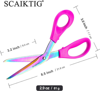 8.5“ Bent Fabric Scissors All Purpose Sharp Heavy Duty, Bent Shears for Sewing Crafting Cutting Clothes, Felt, Leather, Paper Supplies, Pink Handle, Titanium Coating Blades, 2-Pack