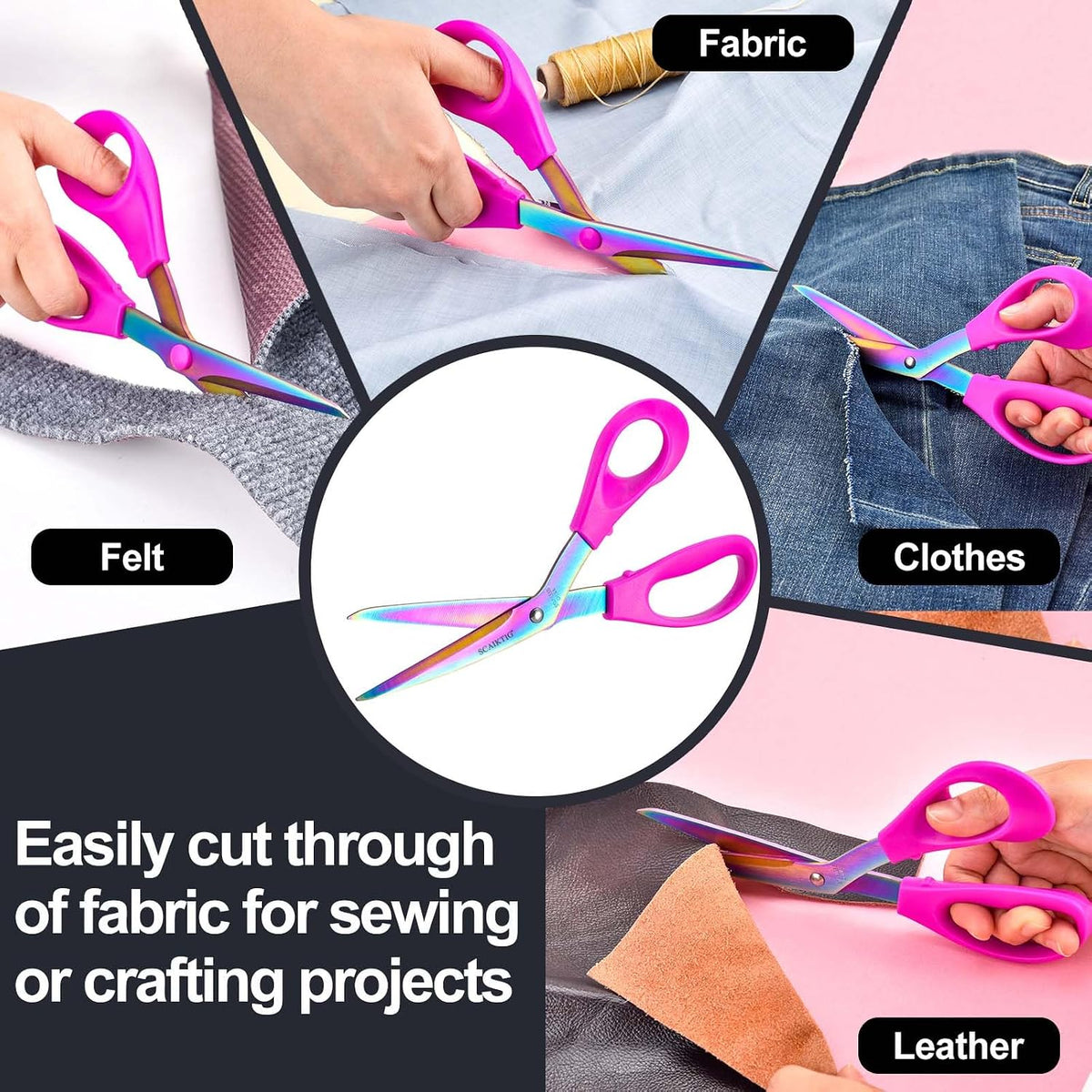 8.5“ Bent Fabric Scissors All Purpose Sharp Heavy Duty, Bent Shears for Sewing Crafting Cutting Clothes, Felt, Leather, Paper Supplies, Pink Handle, Titanium Coating Blades, 2-Pack