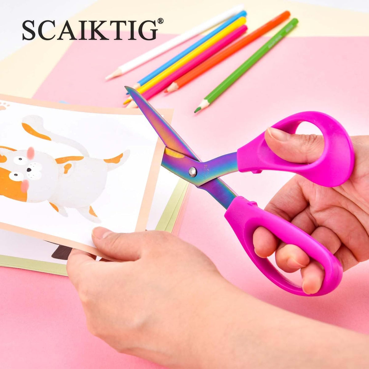 8.5“ Bent Fabric Scissors All Purpose Sharp Heavy Duty, Bent Shears for Sewing Crafting Cutting Clothes, Felt, Leather, Paper Supplies, Pink Handle, Titanium Coating Blades, 2-Pack