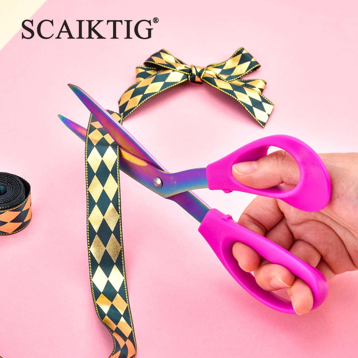 8.5“ Bent Fabric Scissors All Purpose Sharp Heavy Duty, Bent Shears for Sewing Crafting Cutting Clothes, Felt, Leather, Paper Supplies, Pink Handle, Titanium Coating Blades, 2-Pack