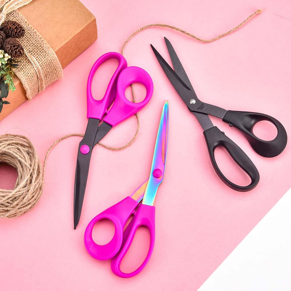 8.5“ Bent Fabric Scissors All Purpose Sharp Heavy Duty, Bent Shears for Sewing Crafting Cutting Clothes, Felt, Leather, Paper Supplies, Pink Handle, Titanium Coating Blades, 2-Pack