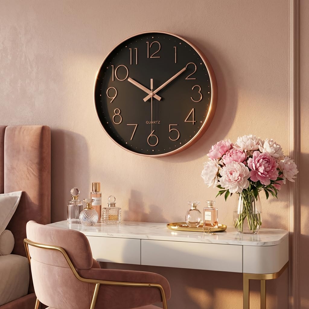 Rose Gold Wall Clock for Grils Womens Silent Non-Ticking Clock Decorative for Bedroom Office